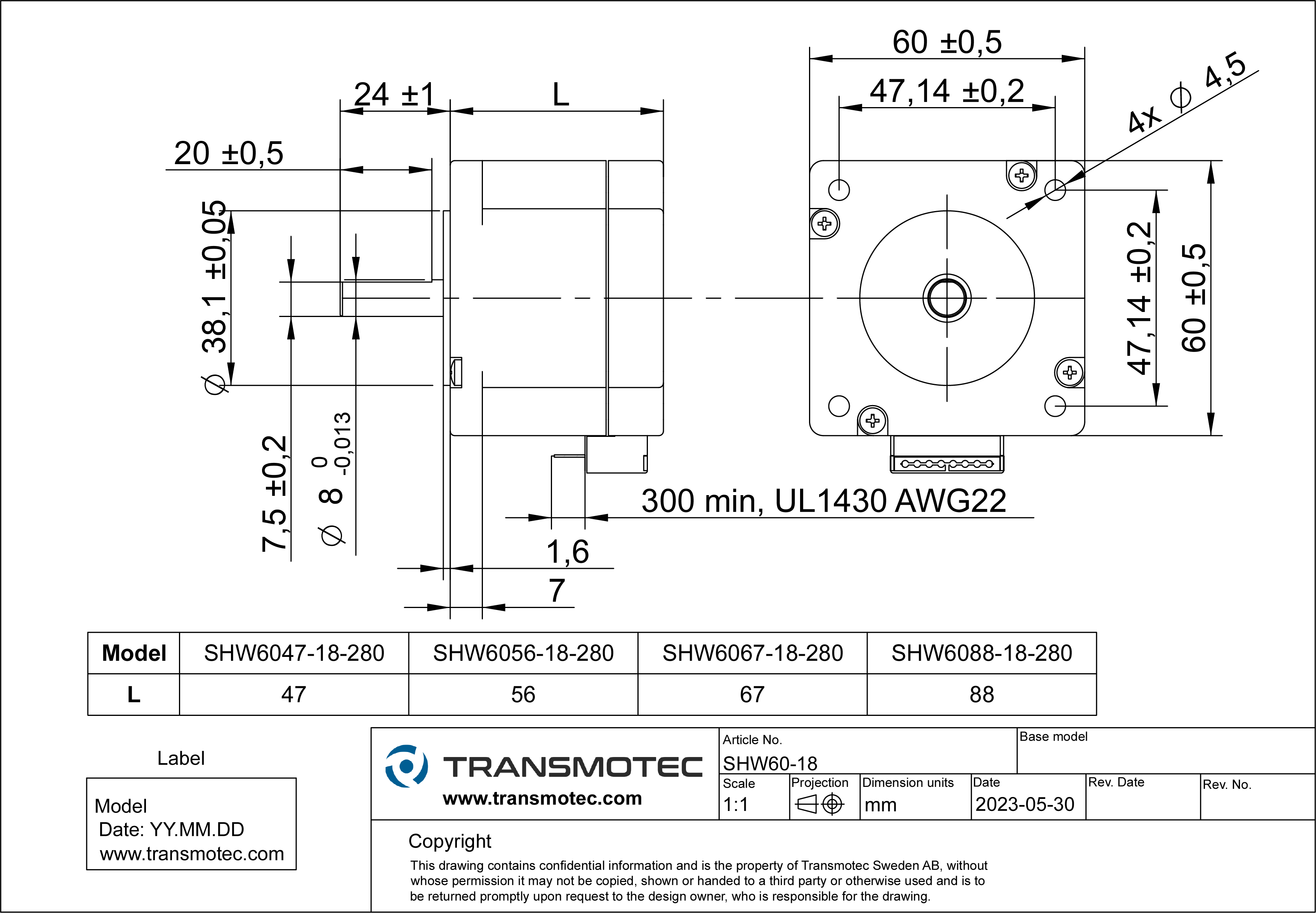 Motor paso a paso 1,8° 2,1Nm 2,8A 60x60mm Cable - Transmotec