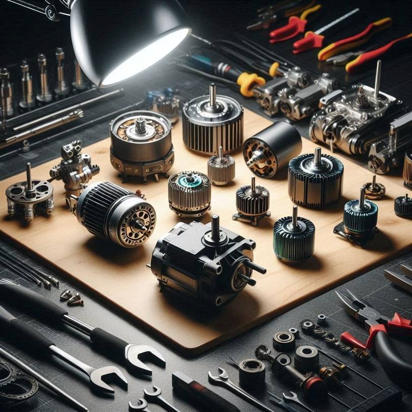 Motores eléctricos y motorreductores de distintos tipos sobre un banco de trabajo con herramientas