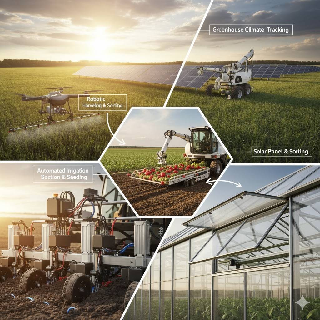 Collage de agricultura electrificada: dron pulverizador, robot de cosecha, robot sembrador e invernadero con ventanas de techo automáticas