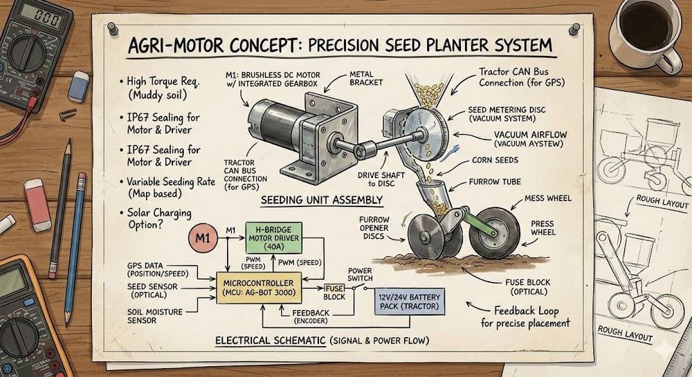 Boceto conceptual de una sembradora de precisión con un motor CC sin escobillas que acciona el disco dosificador